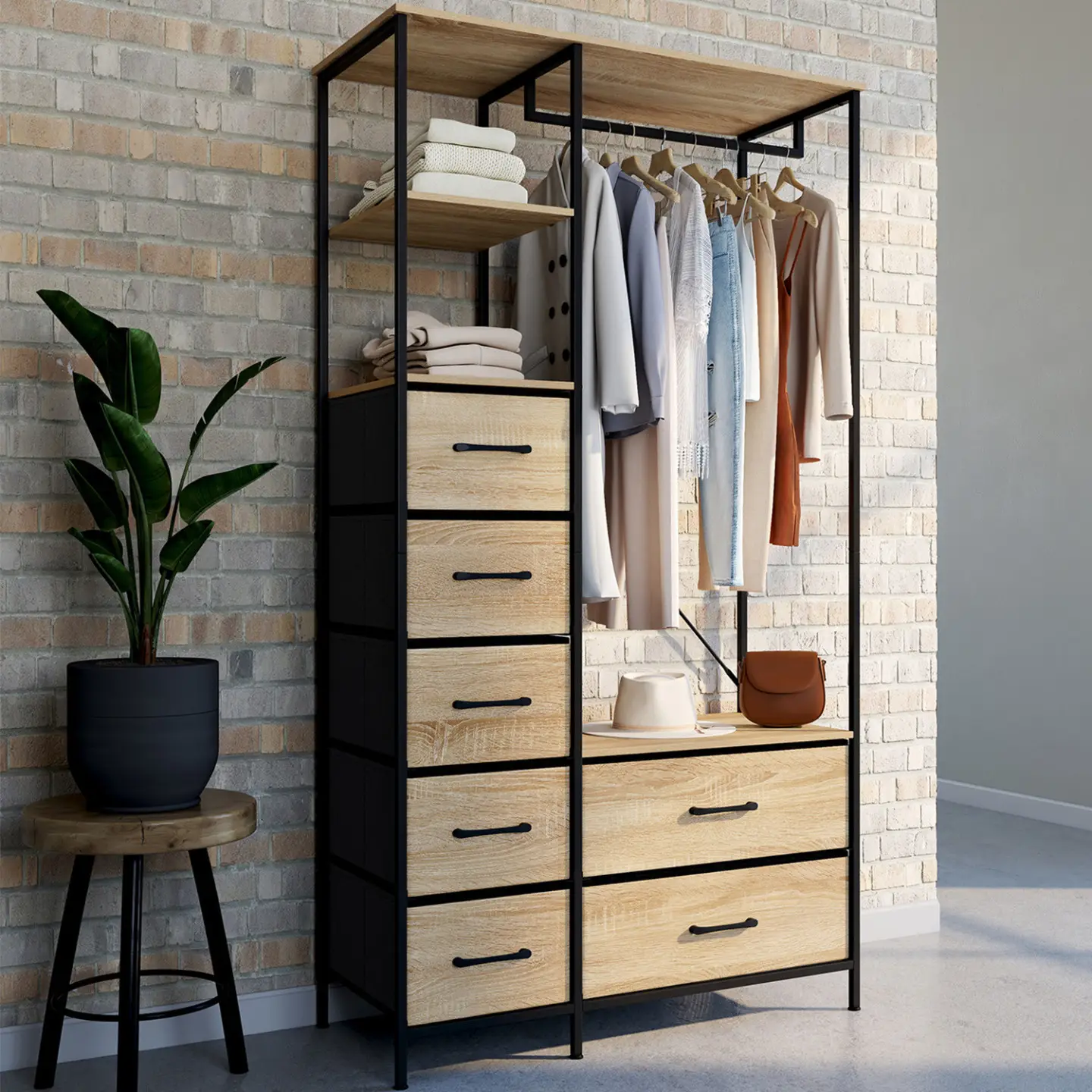 Dressing penderie + colonne L. 90 cm UTAH avec 1 étagère et 7 bacs en tissu bois et noir
