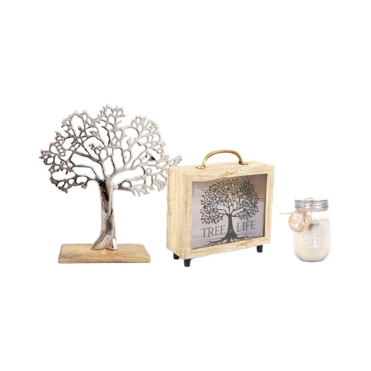 Ensemble bougie, tirelire et décoration en aluminium Arbre de vie