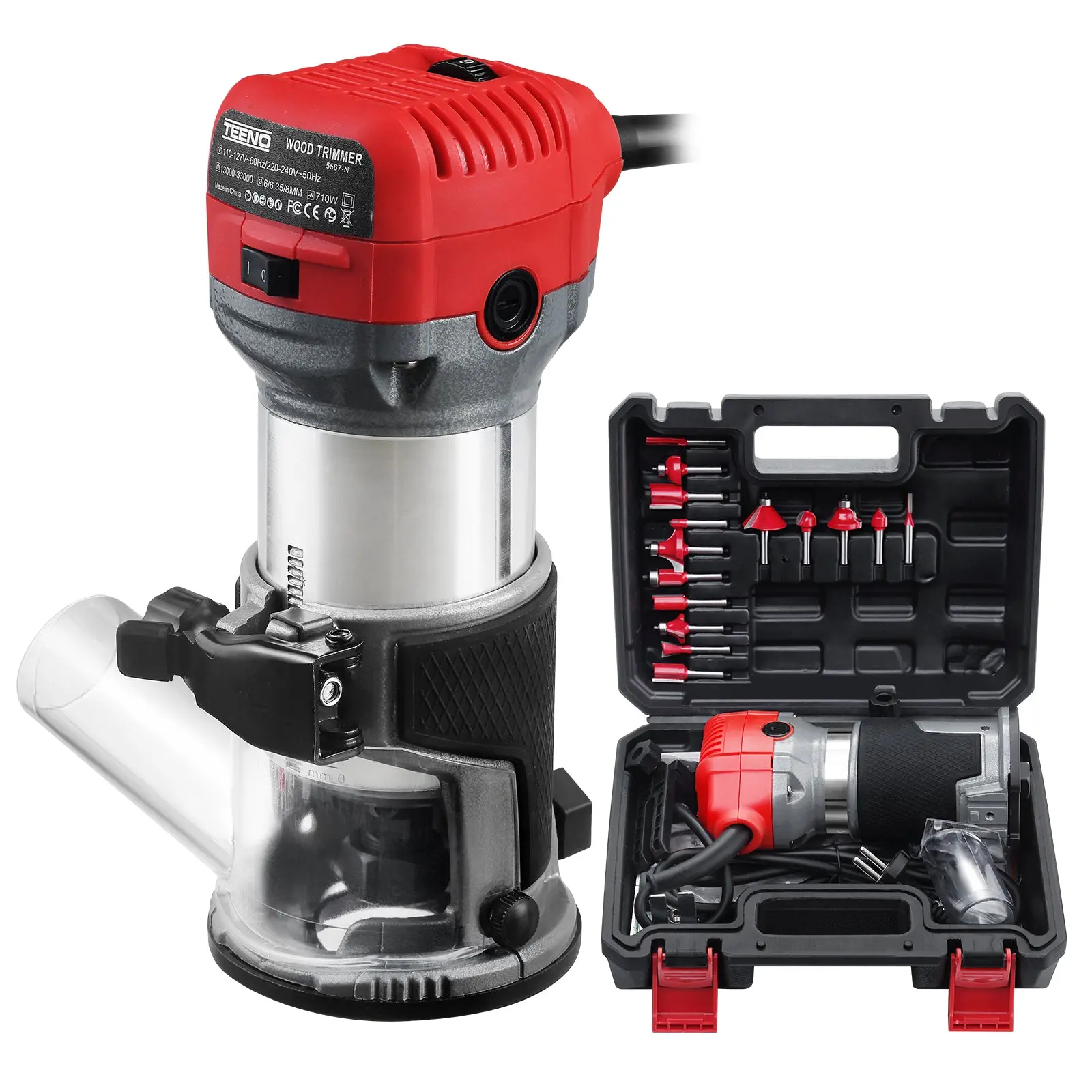 Affleureuse Électrique 800W, 13000‑33000 RPM, Housse Anti-Poussière, 15 Fraises 1/4″, 6 Vitesses, 3 Pinces 6/6.35/8mm