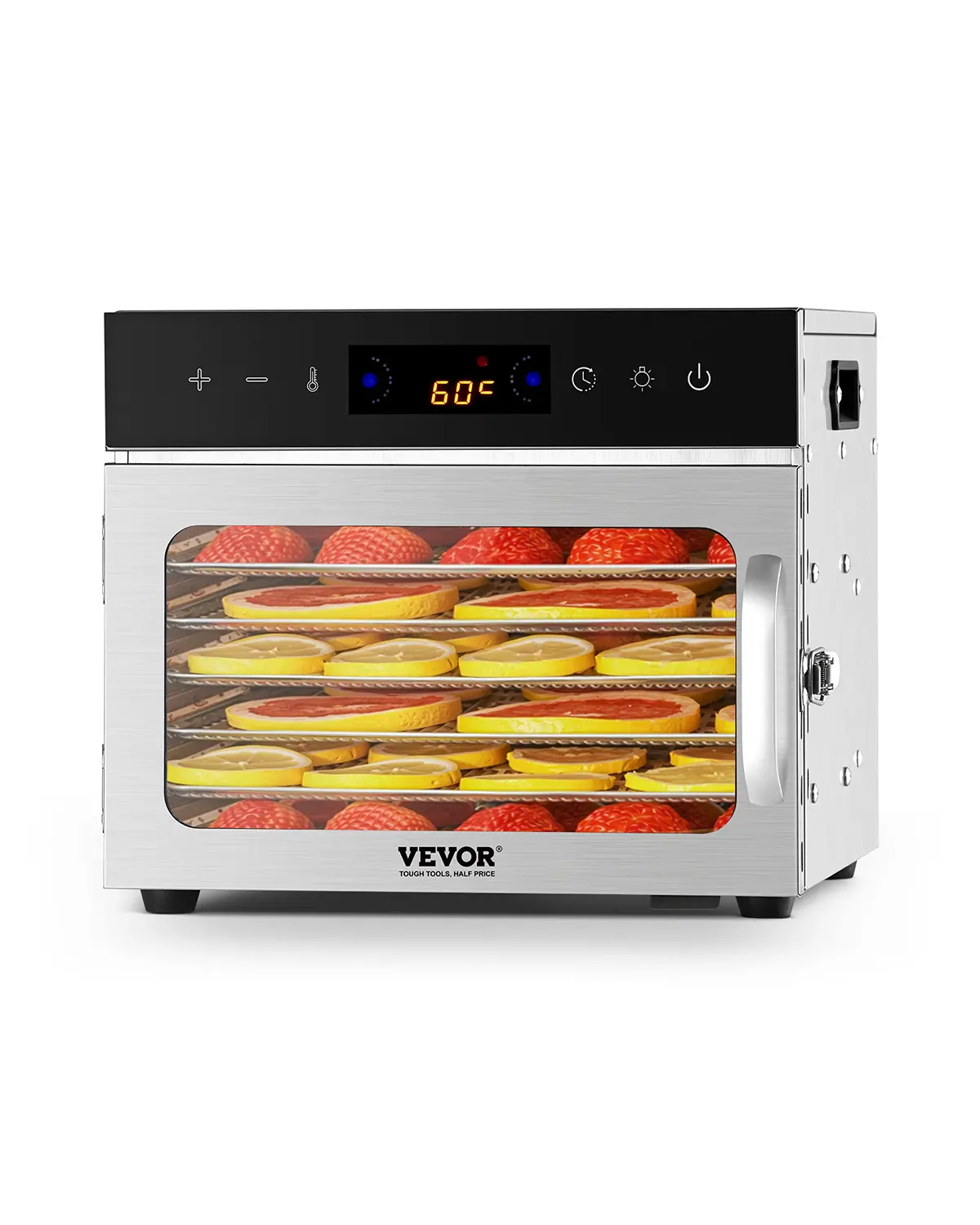 VEVOR Déshydrateur alimentaire 6 plateaux acier inox 400W température réglable minuterie 24h pour viande fruits légumes.
