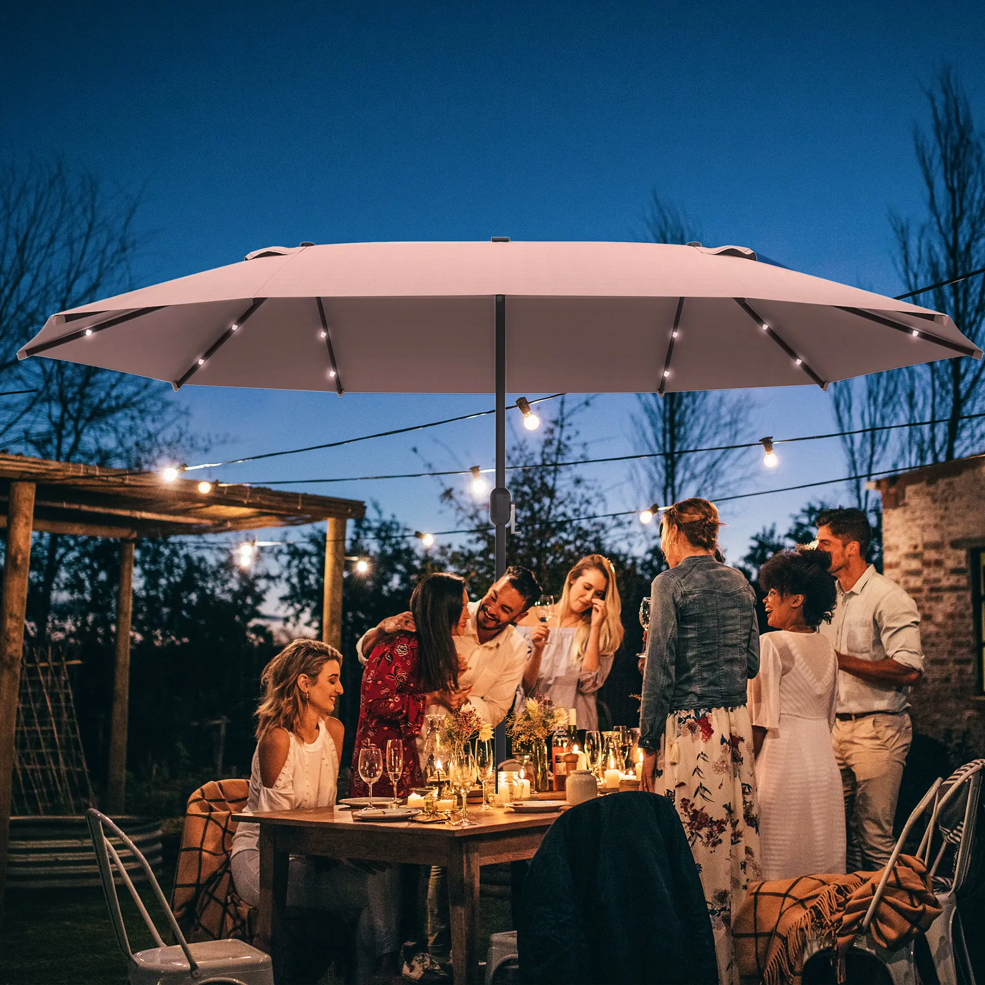 Parasol double métal jardin terrasse avec éclairage LED solaire 440x256cm kaki – ComfortXL Outdoor Living