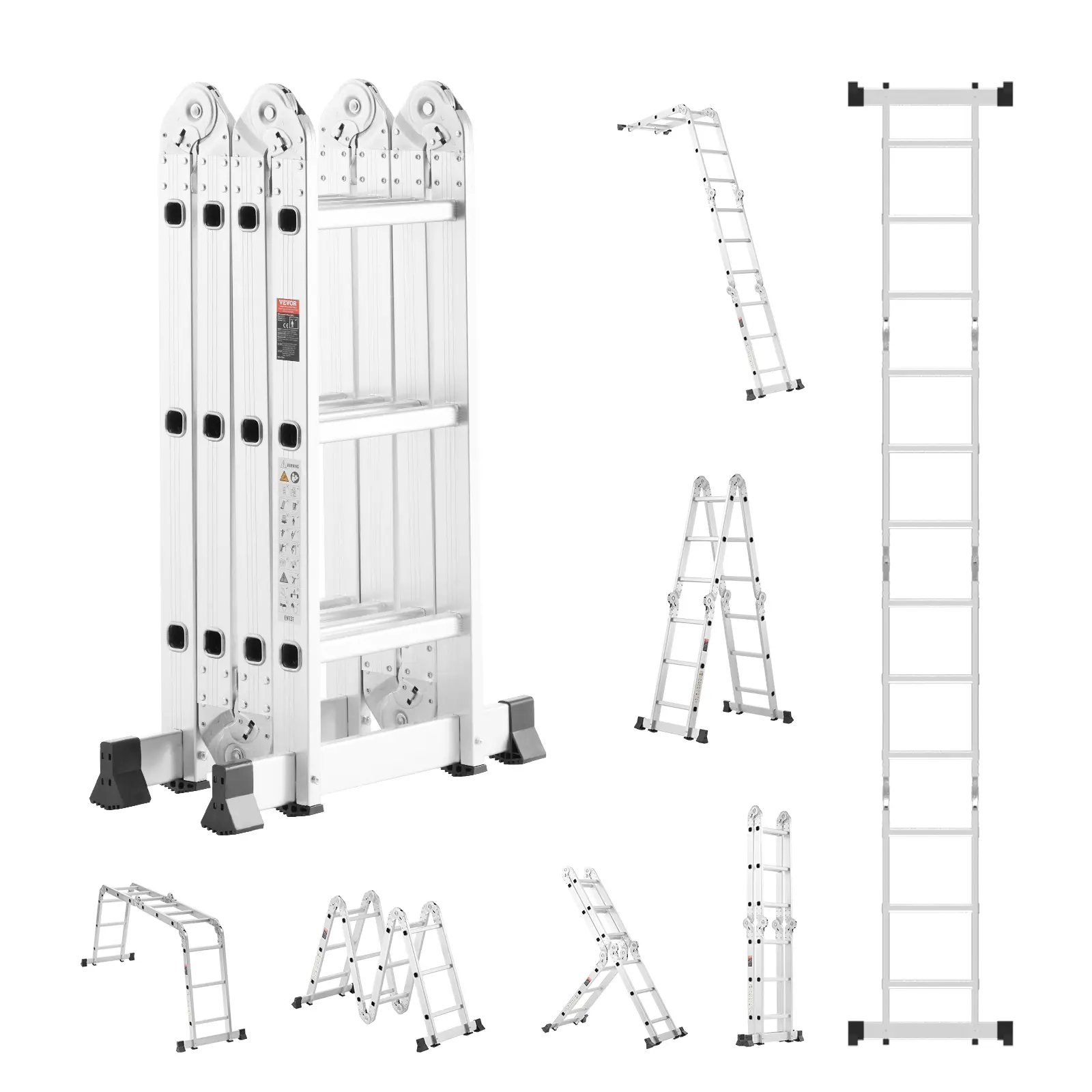 VEVOR Échelle pliante 7-en-1, hauteur portée 3,5 m. Barre équilibre, charge 150 kg. Intérieur/extérieur.