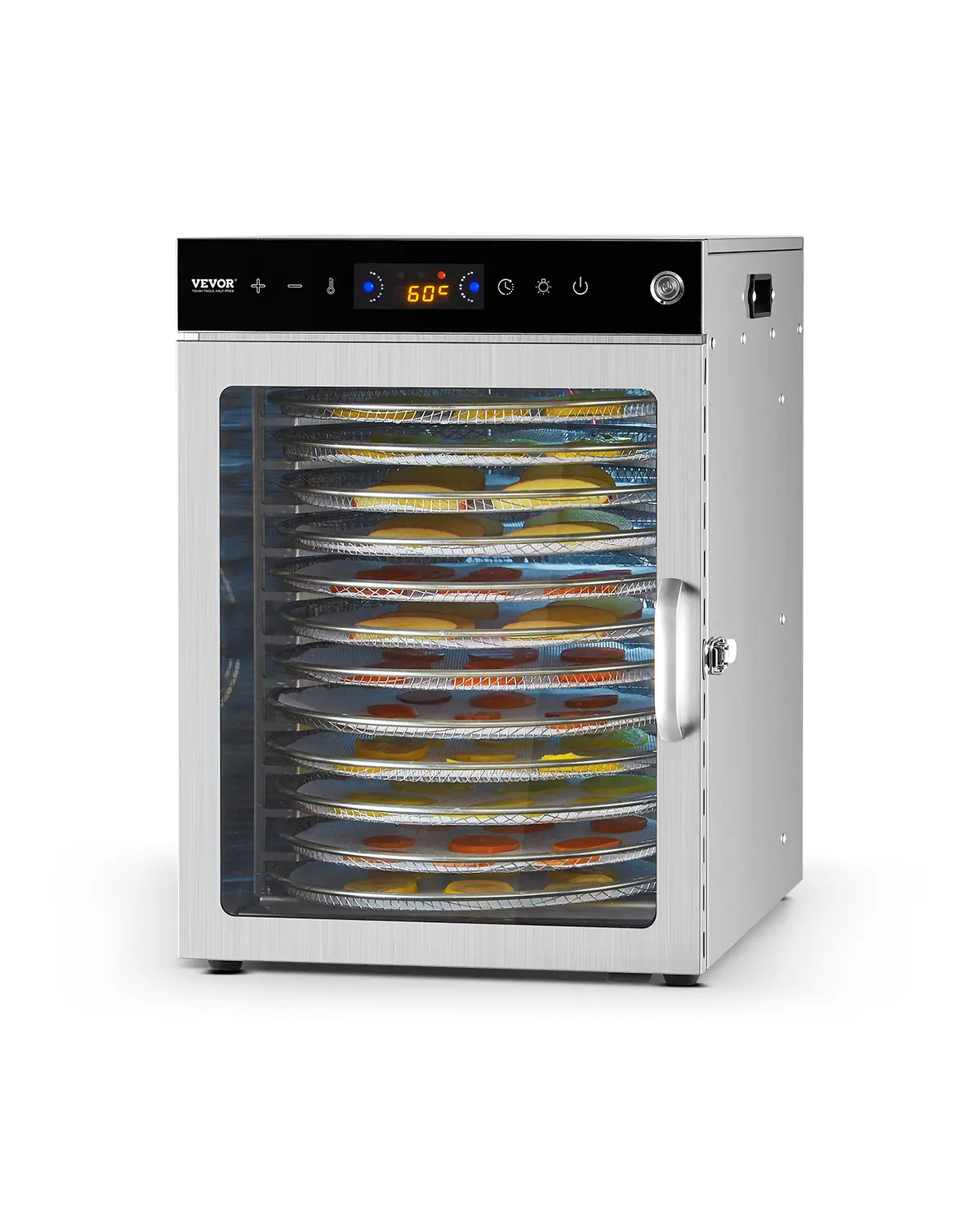 VEVOR Déshydrateur alimentaire rotatif 12 plateaux inox 800W, température/minuterie réglables, pour viande/fruits.