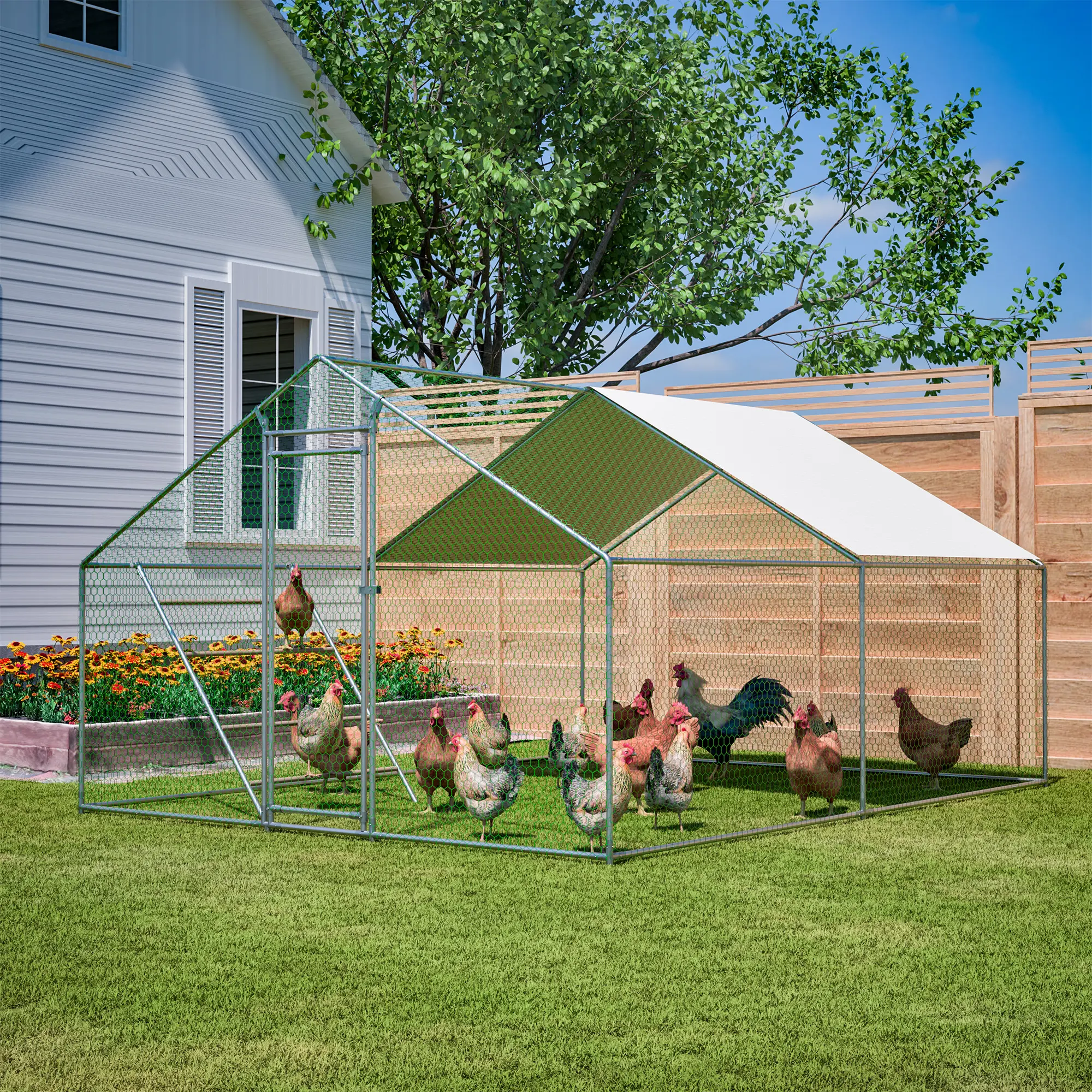 Enclos poules acier galvanisé extérieur avec échelle bâche 12m² 3x4m gris – ComfortXL Outdoor Living