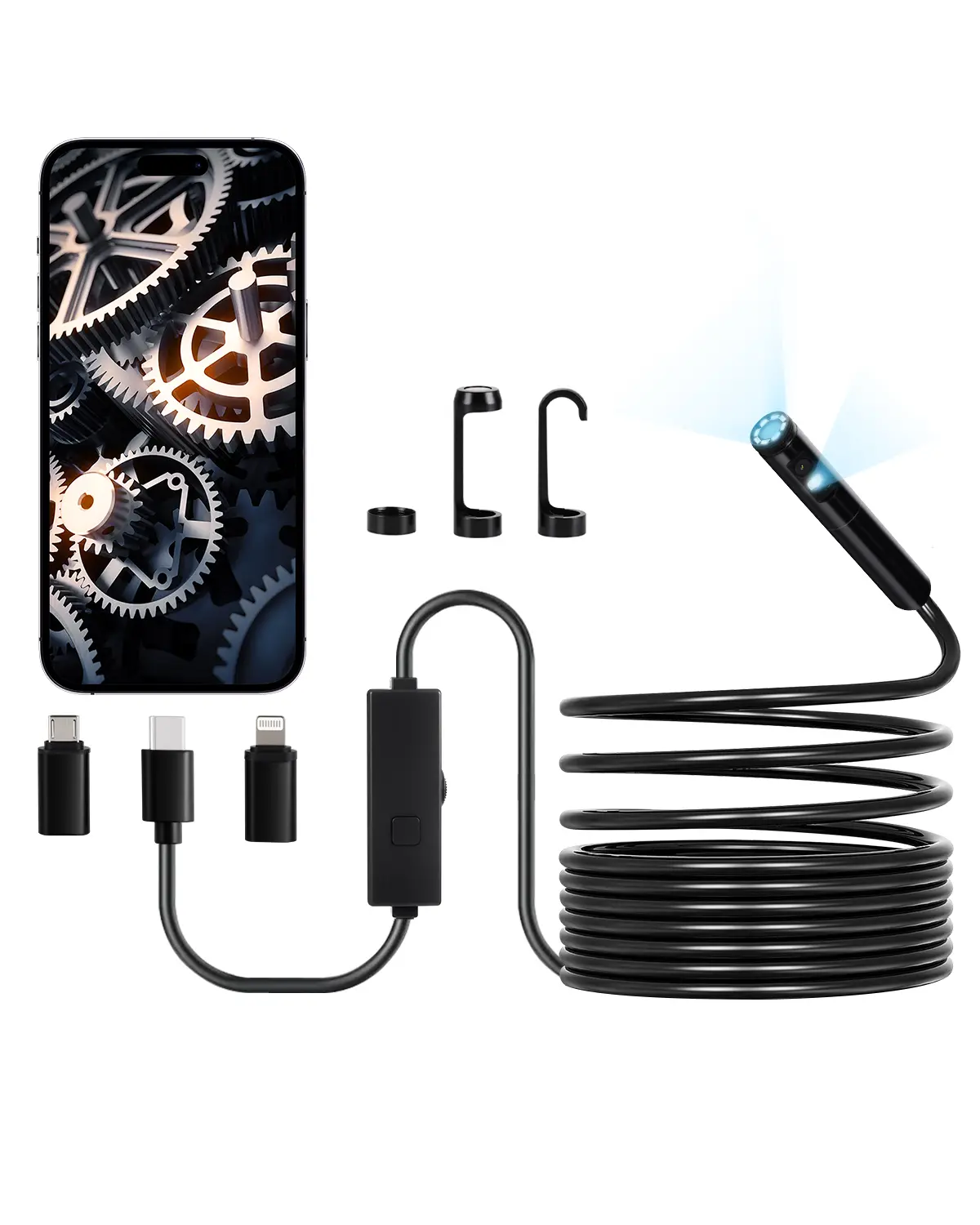 VEVOR Endoscope double objectif, cable 5m. 8+1 LED, HD 1920p, IP67. Pour Android, iOS. Inspection.