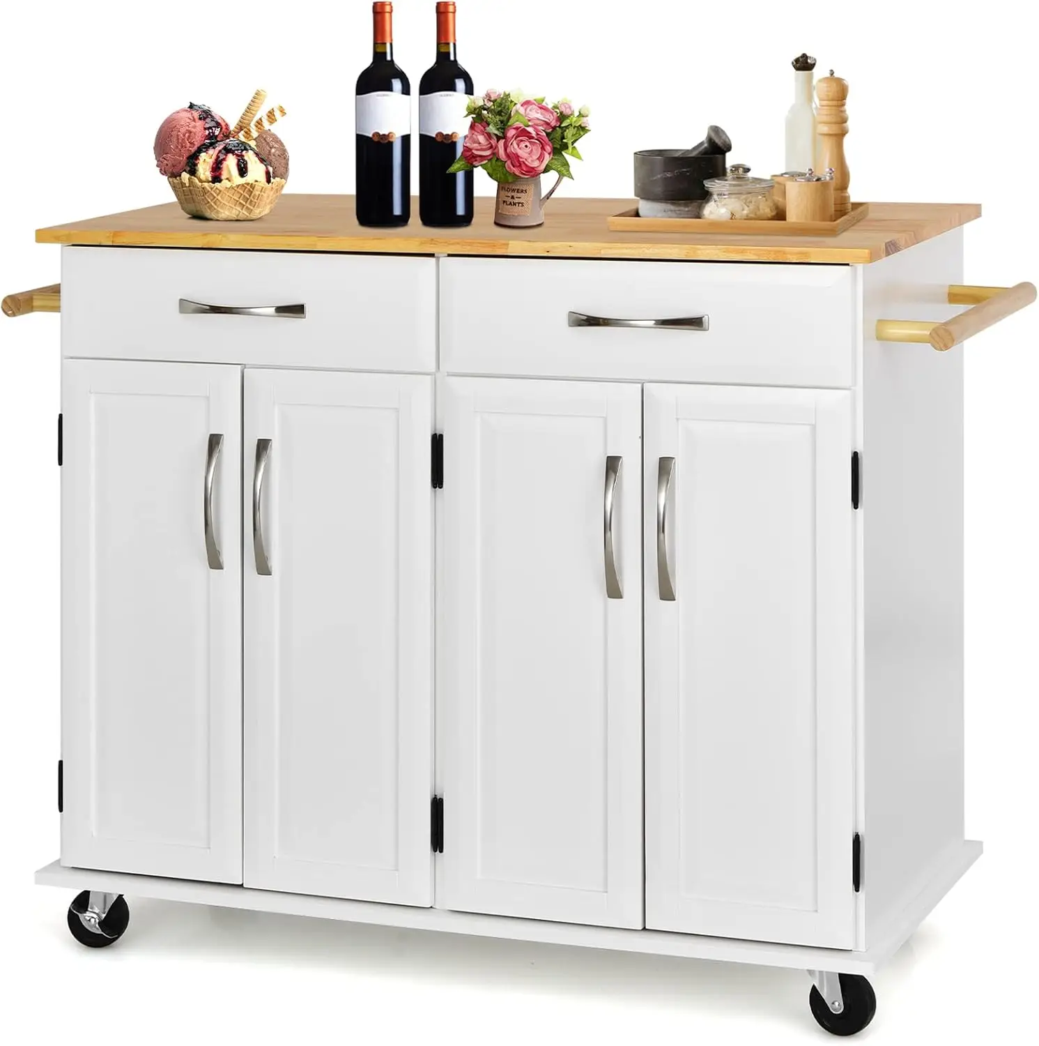 Desserte de Cuisine sur roulettes avec Comptoir en Bois D’hévéa, 48 x 122 x 93 cm, Blanc