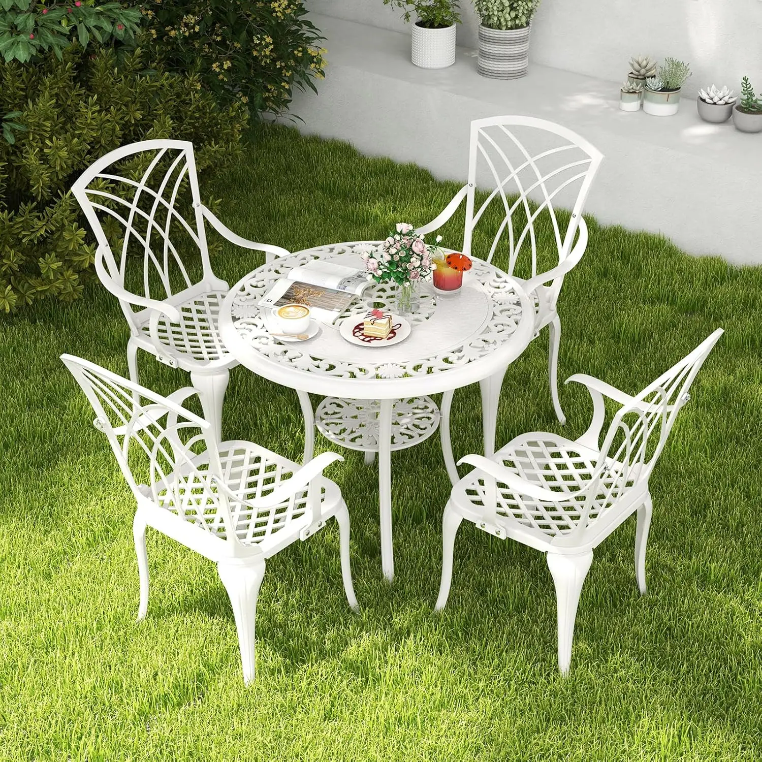 Ensemble Bistrot pour Patio 5 Pièces en Fonte d’Aluminium, Table Ronde avec Trou pour Parasol,Blanc