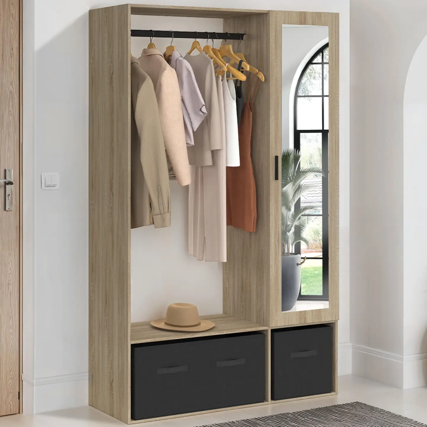 Dressing penderie BERENICE 105 x 40 x 172 cm hêtre avec étagères + boites de rangement noires + miroir