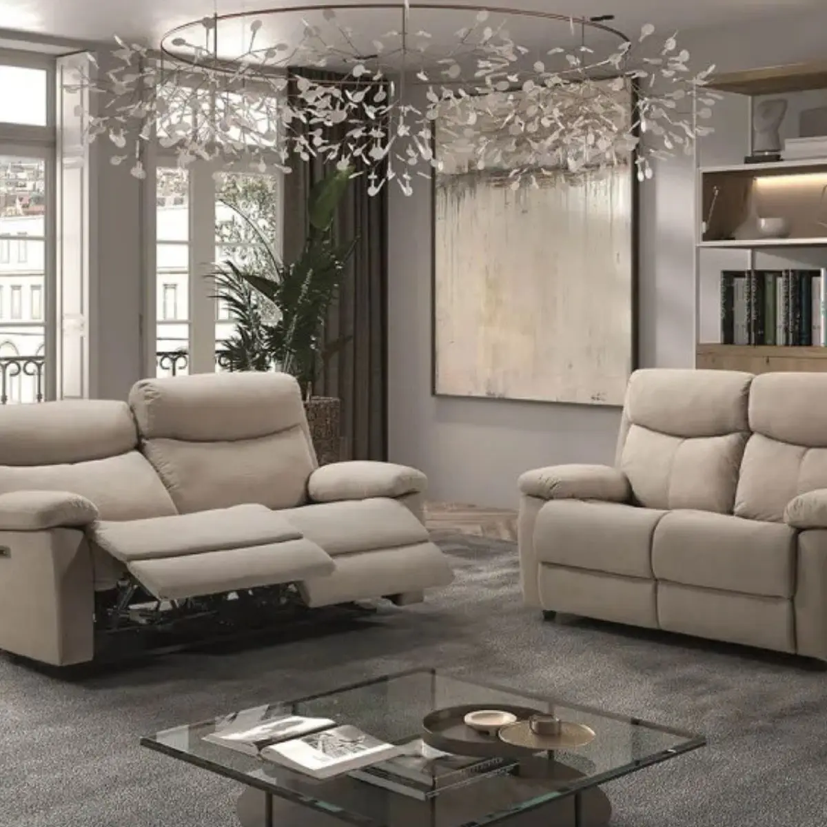 Ensemble 2 Canapés Fixe 2 Places et Relax Electrique Tissu Beige – TARIFA
