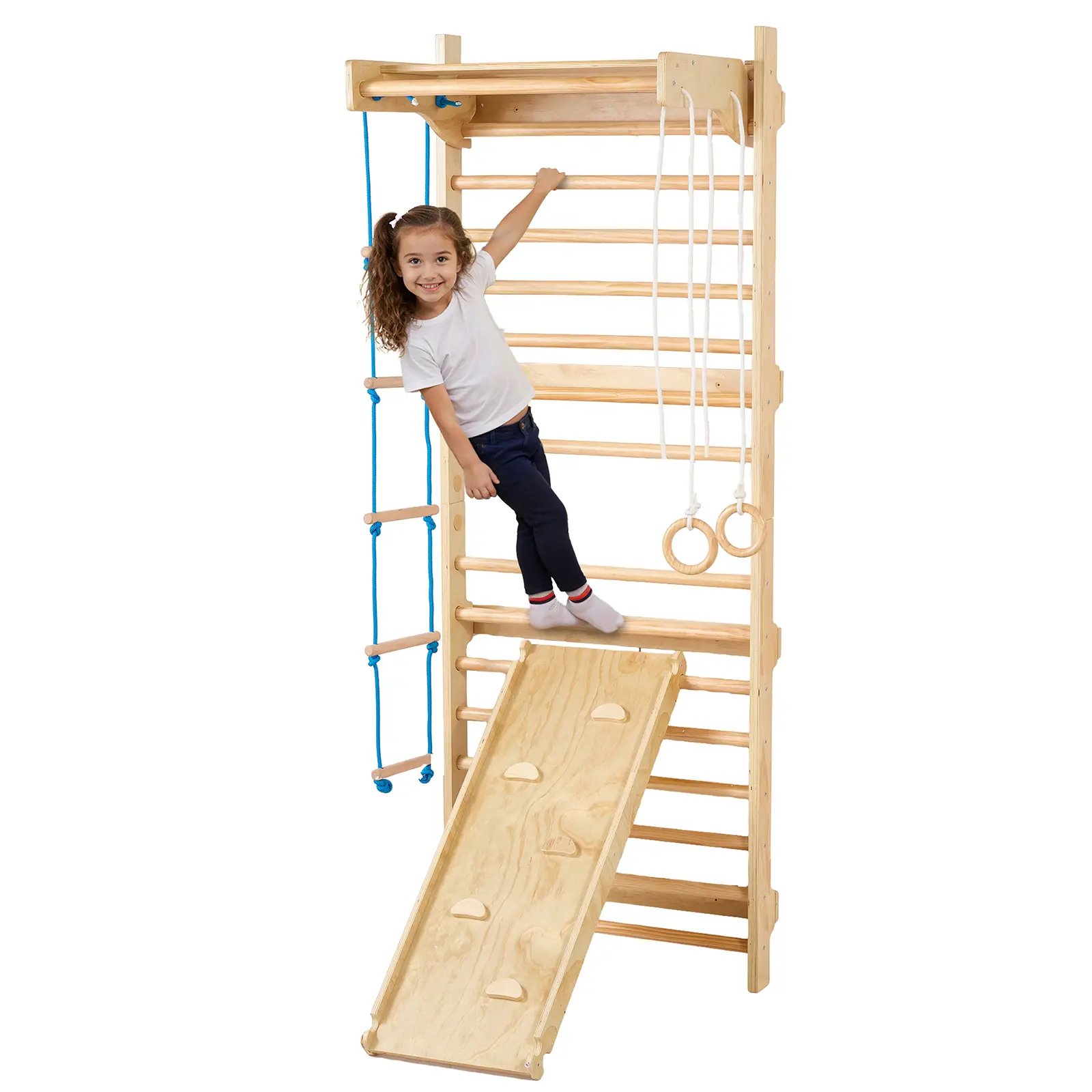 VEVOR Échelle murale suédoise bois 5-en-1. Barre traction, anneaux. Charge 220 lb.