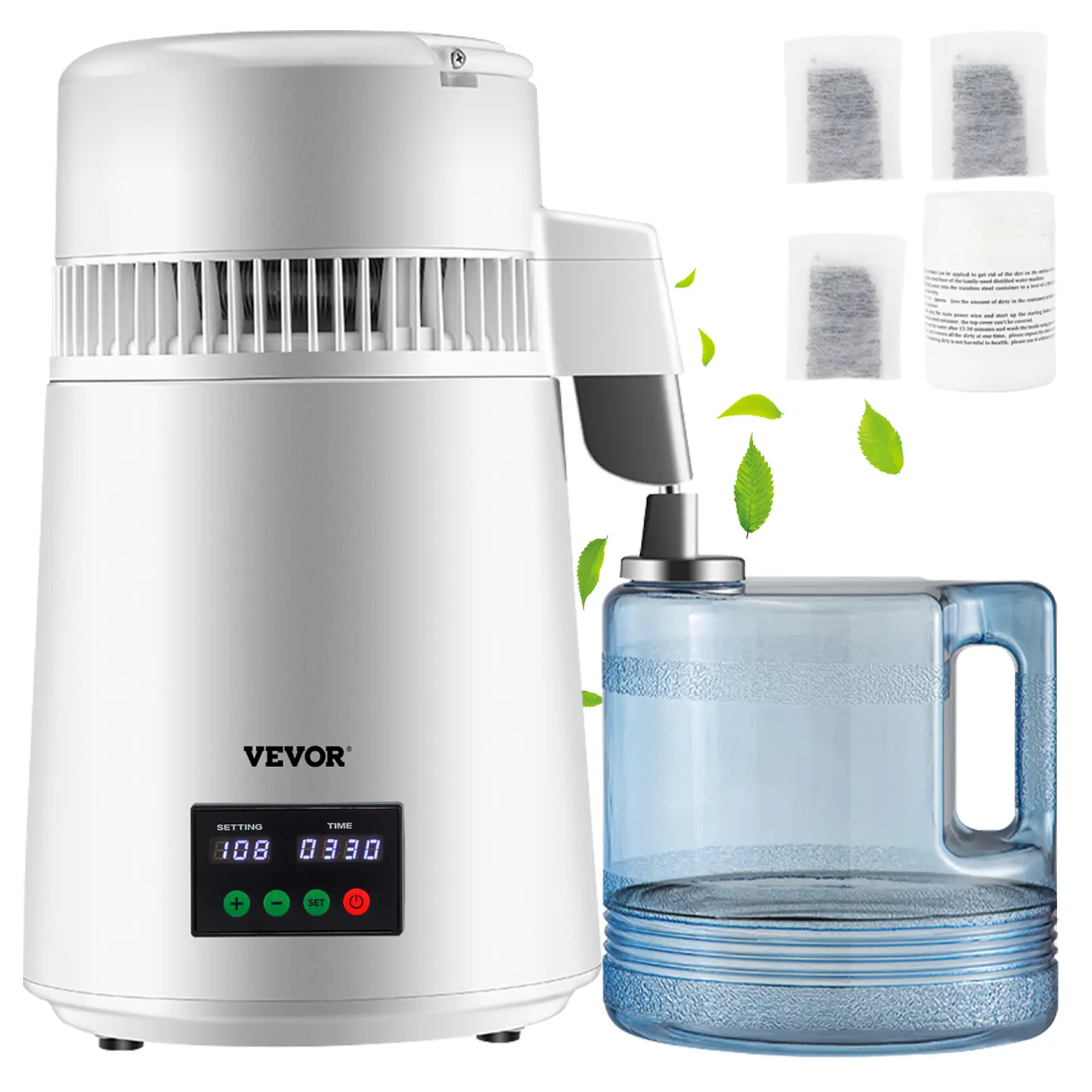 VEVOR Distillateur d’eau 4L, 1 L/h, inox 30-108°C, minuterie 0-99h, pour maison/bureau/clinique.