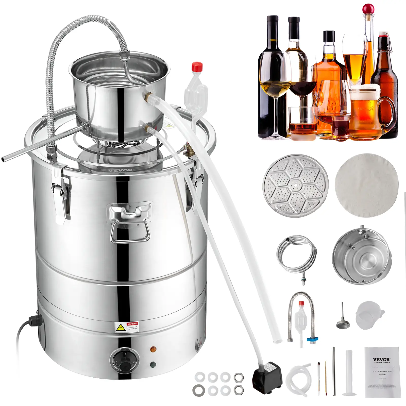 VEVOR Distillateur alambic intégré 30L inox, avec pompe, pour alcool, eau, whisky, huiles essentielles.