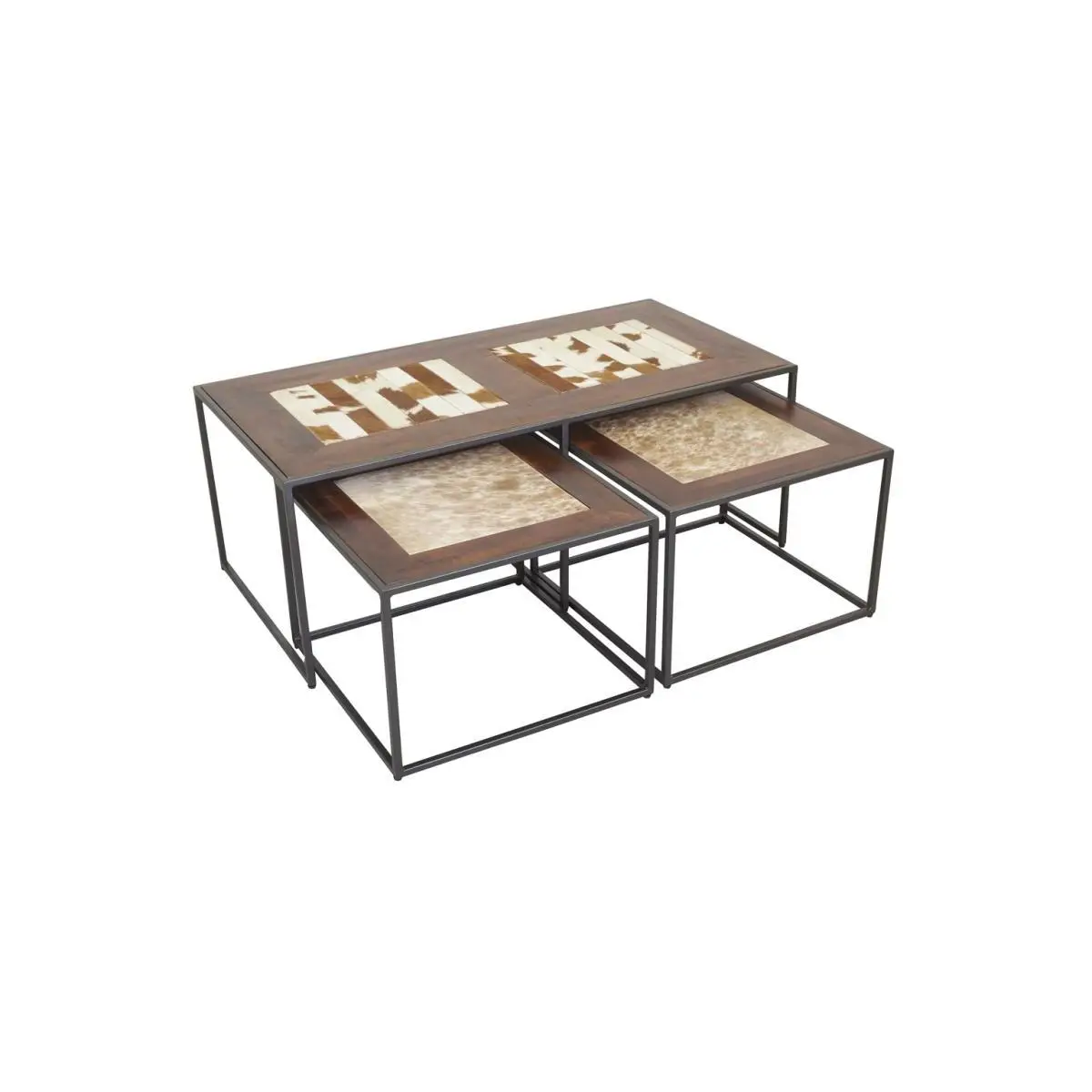 Ensemble 3 tables en bois, métal et peau de vache