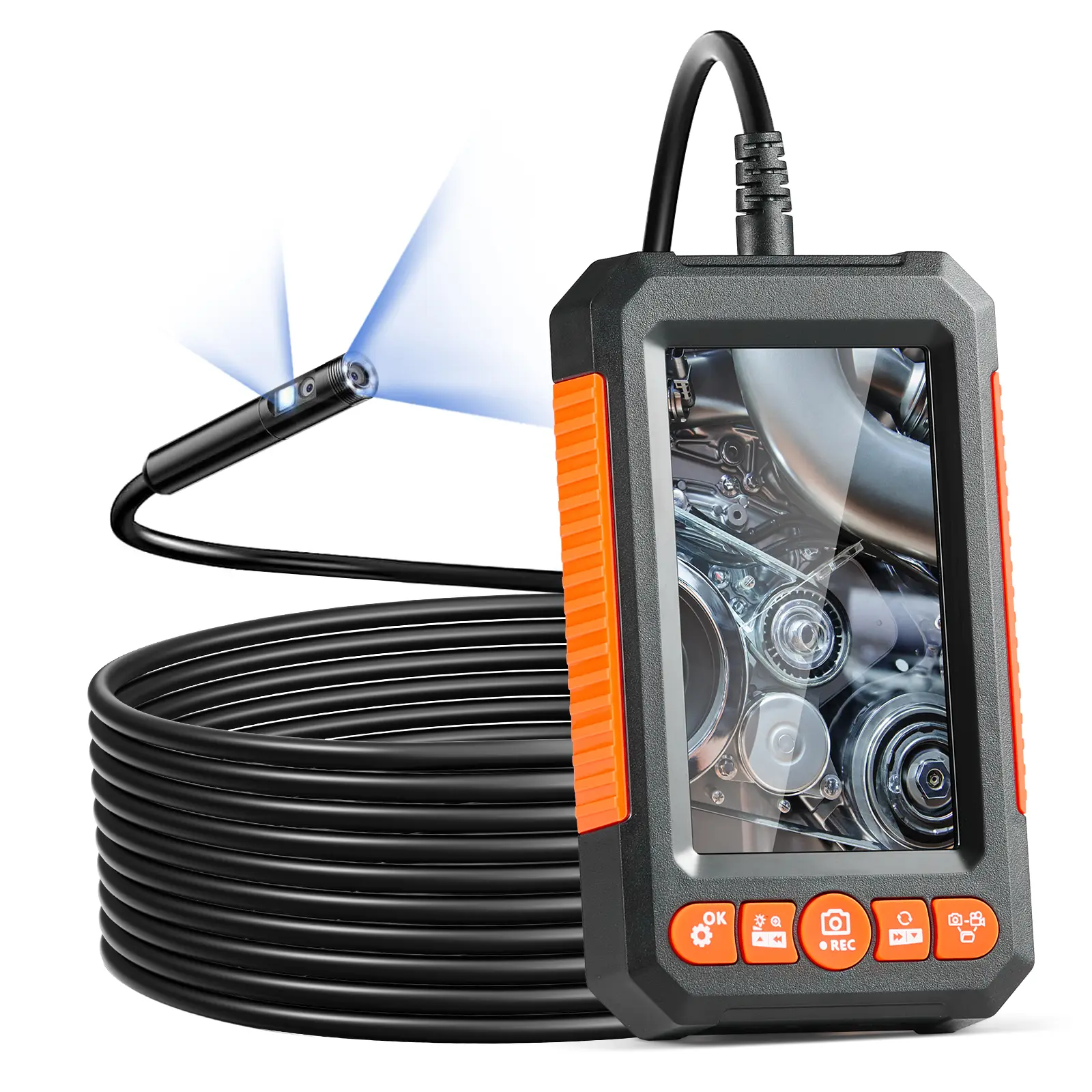 VEVOR Endoscope double objectif: 8+1 LED, ecran IPS 4.3, cable 5m, zoom 4X, carte 32 Go, 1080P, IP67, pour auto et plomberie.
