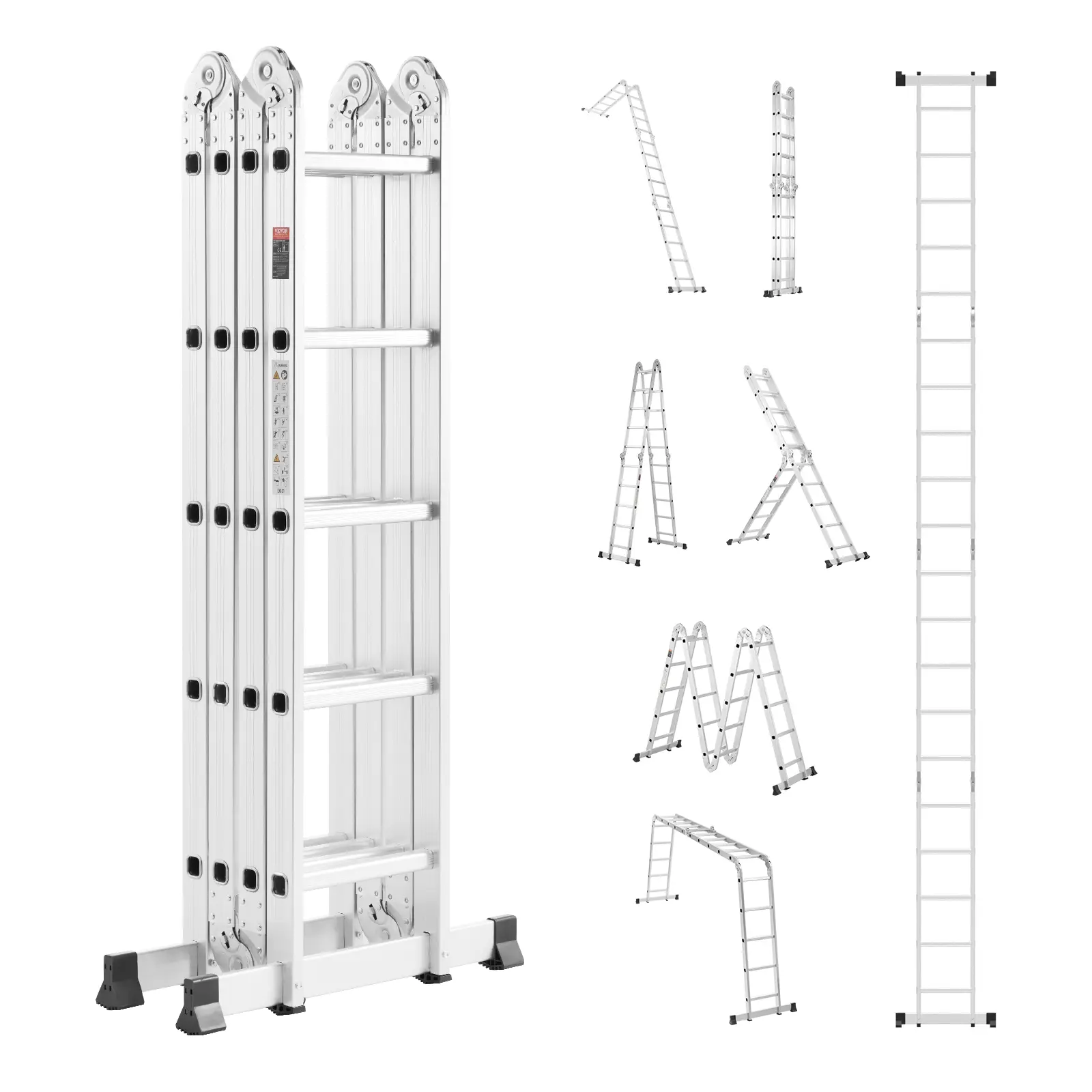 VEVOR Échelle pliante 7-en-1, hauteur 5,75 m, charge 150 kg, barre équilibre, cadre 5 marches, intérieur/extérieur.