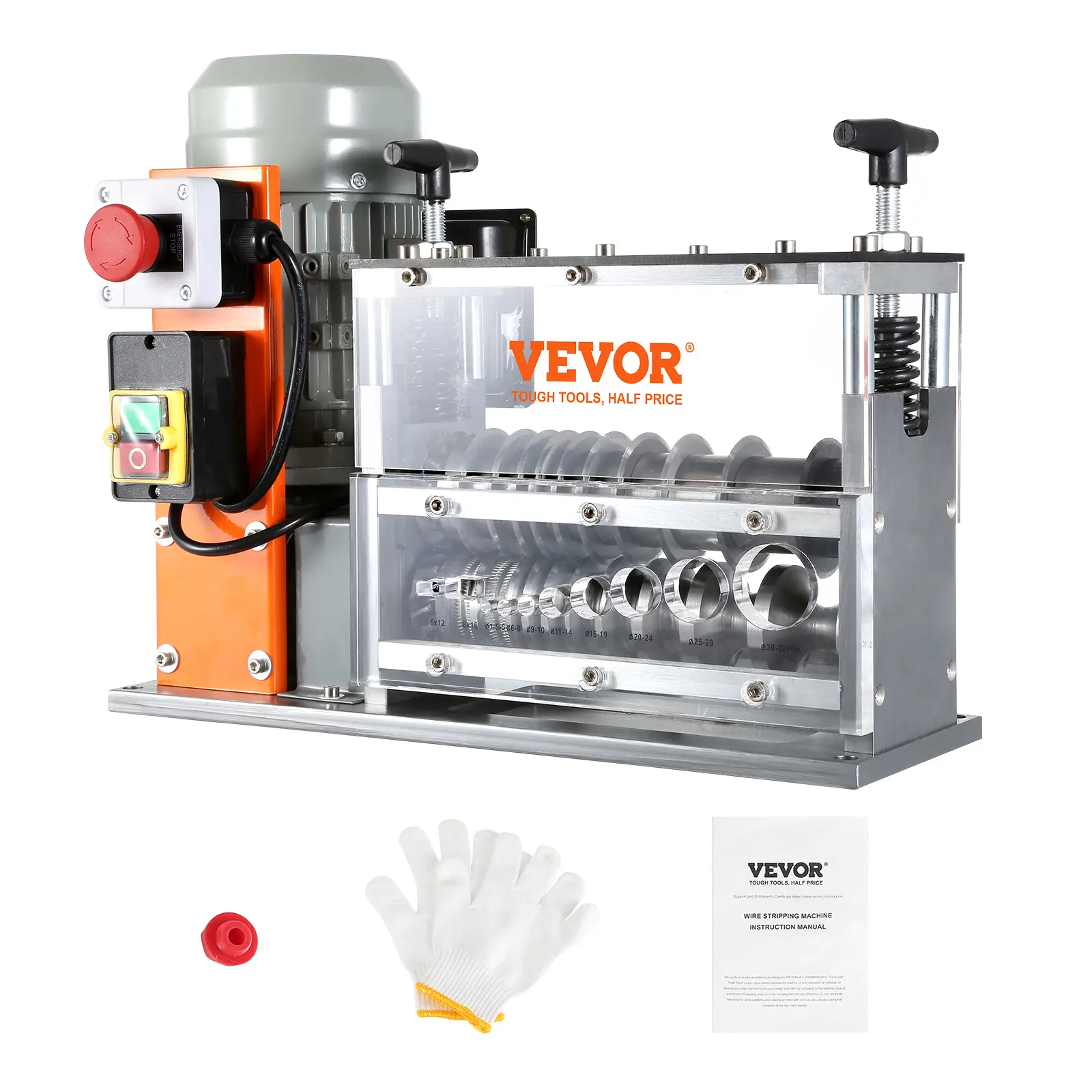 VEVOR Dénudeuse électrique 750W, câbles 1.5-32mm, 30m/min, 10 canaux, profondeur visible.