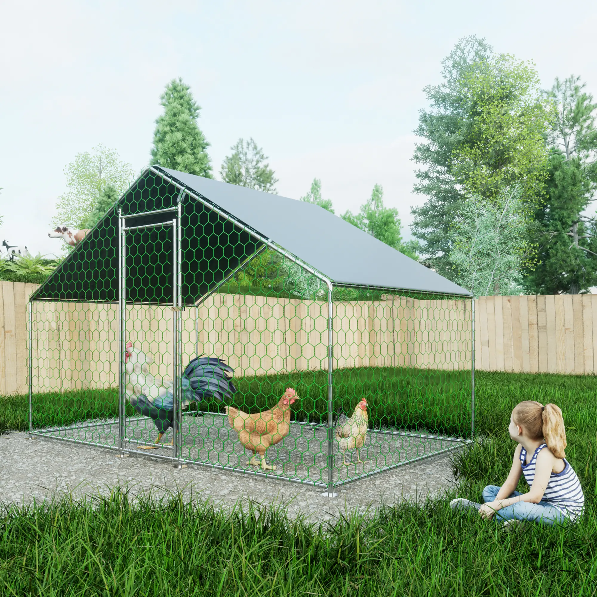 Enclos volailles extérieur 303 x 200 x 200 cm métal galvanisé et PE – PANGIVO