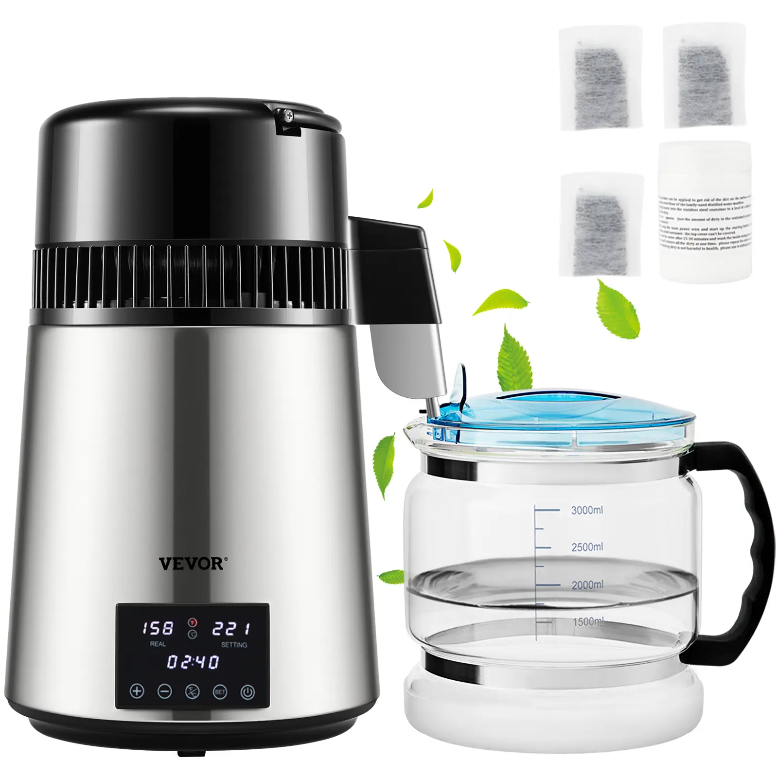 VEVOR Distillateur d’eau 4L, 1.5 L/h, 1750W Acier inox alimentaire, temperature 30-108°C, minuterie Machine a eau distillee.