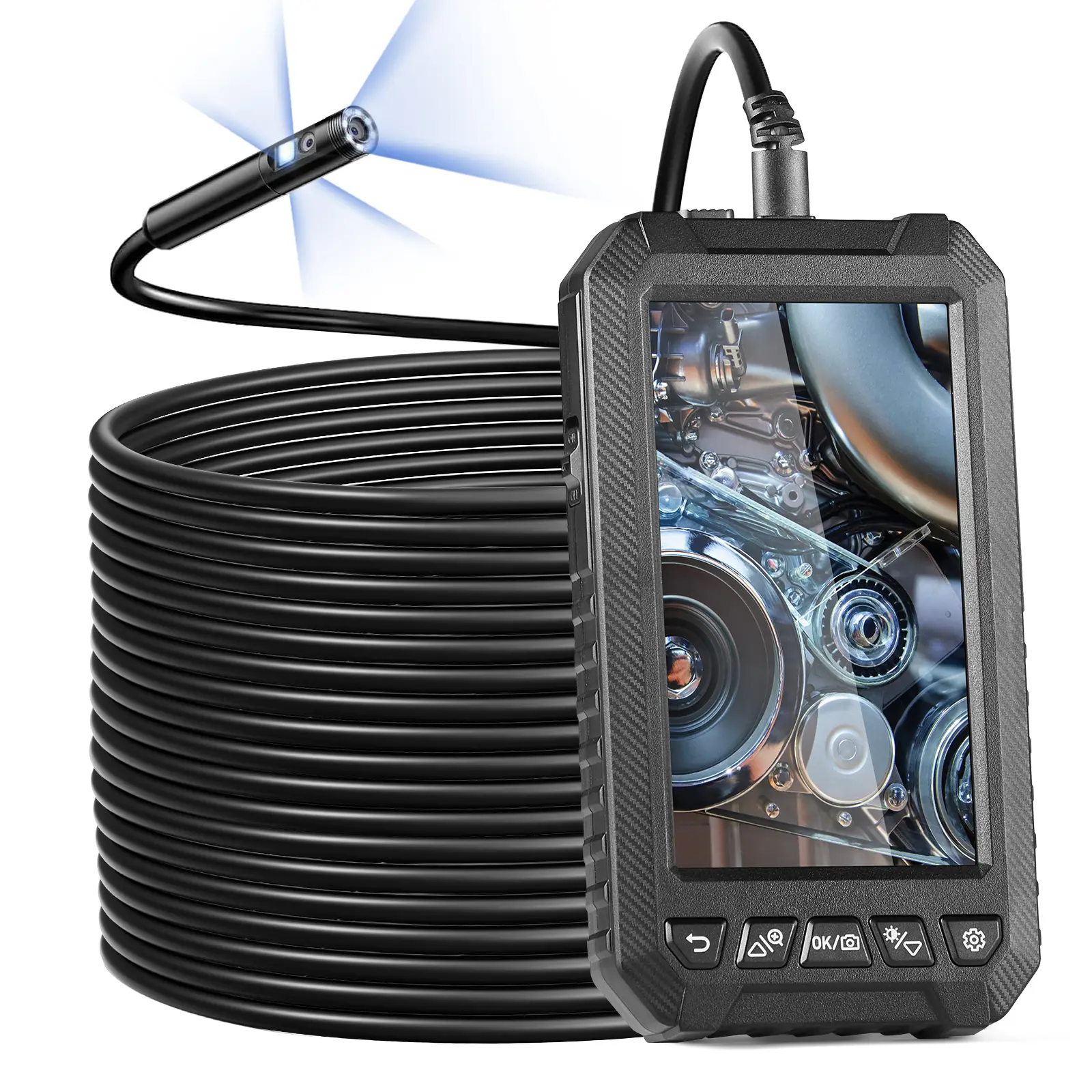 VEVOR Endoscope triple objectif: 8+2 LED, ecran IPS 5, cable 15m semi-rigide, carte 32 Go, 1080P, pour auto et plomberie.