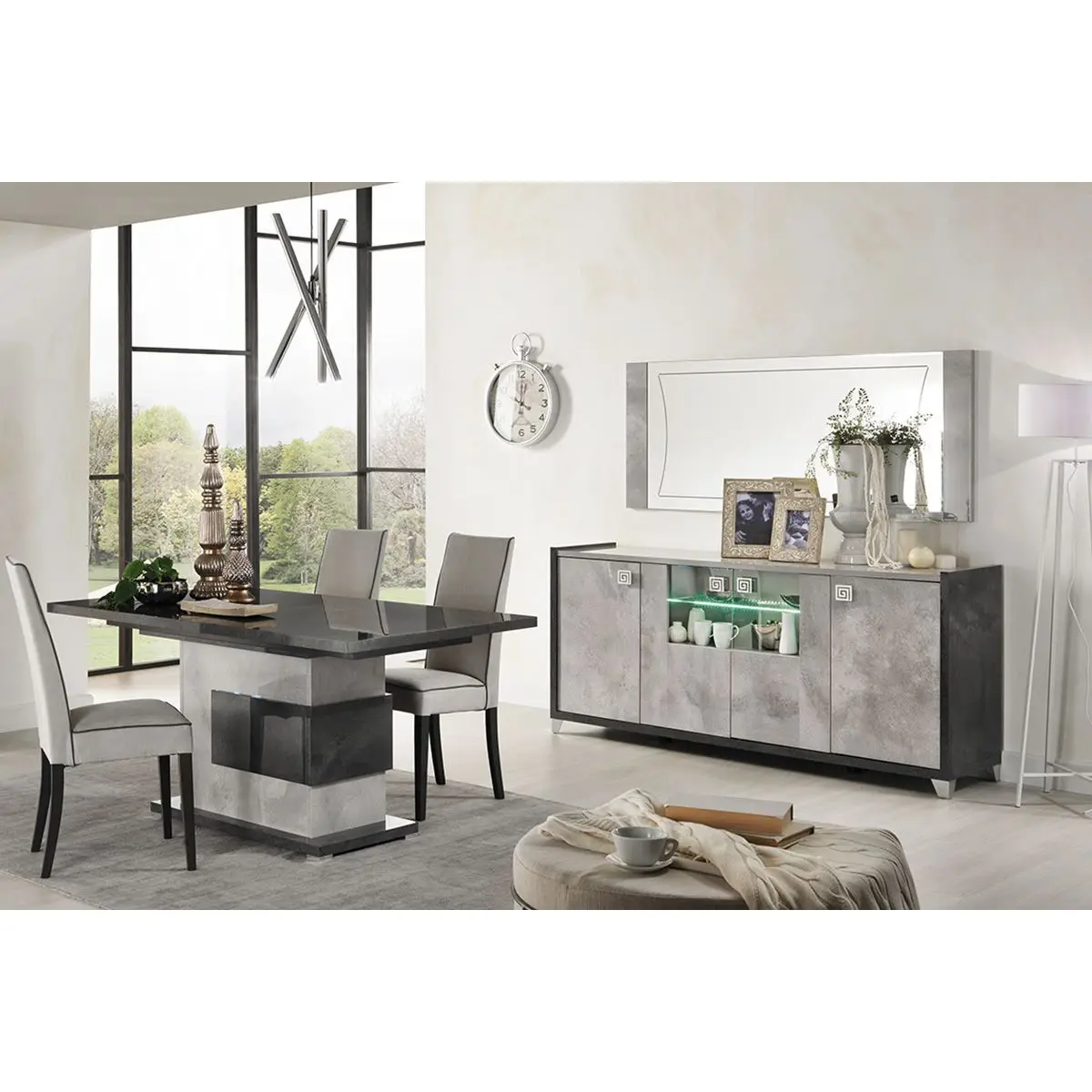 Ensemble Buffet 4P avec Miroir + Table Repas à Pied Central – HOFFMAN