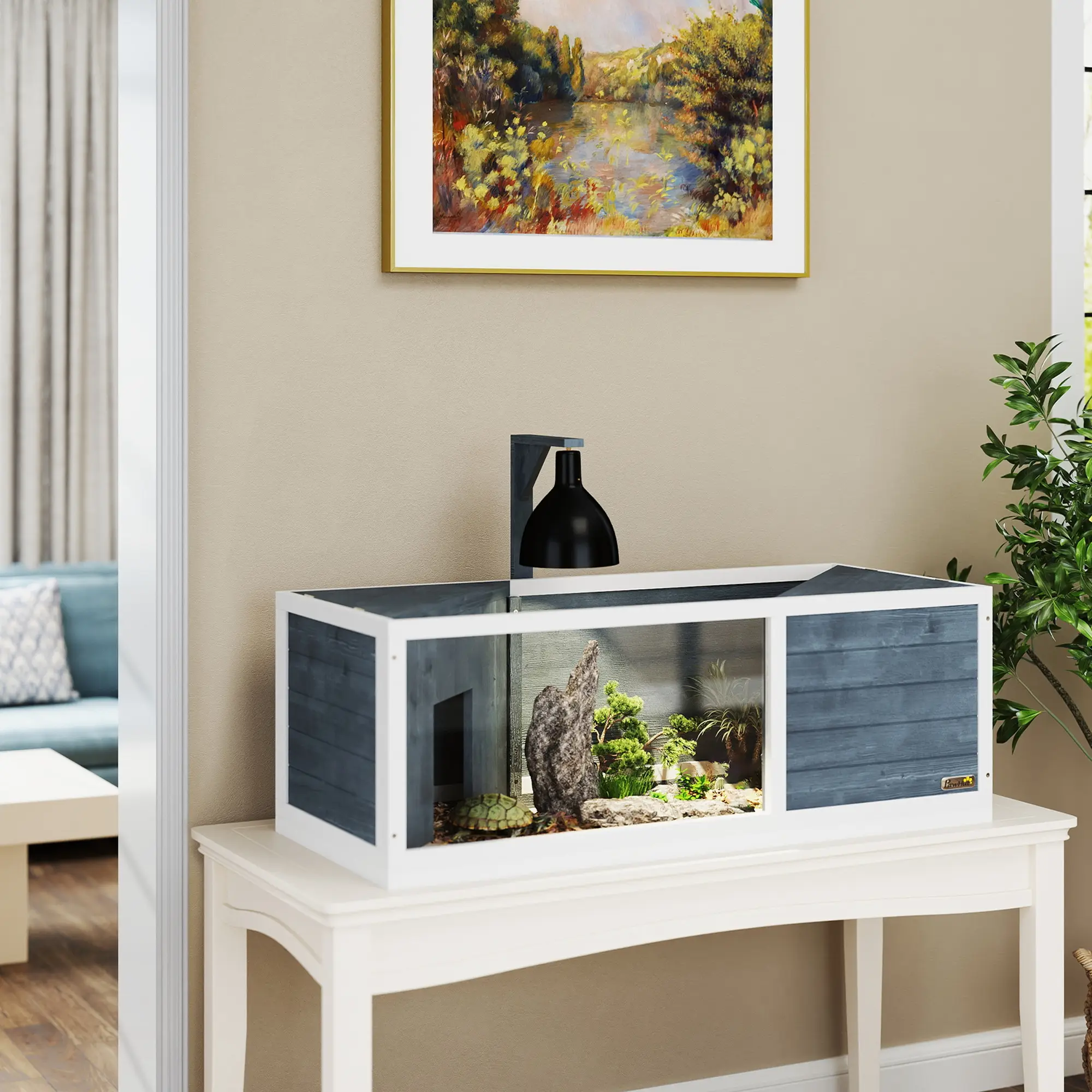 Enclos Tortue Bois Sapin Double Abri Support Lampe Façade Vitrée 120cm Gris – ComfortXL Pet Living