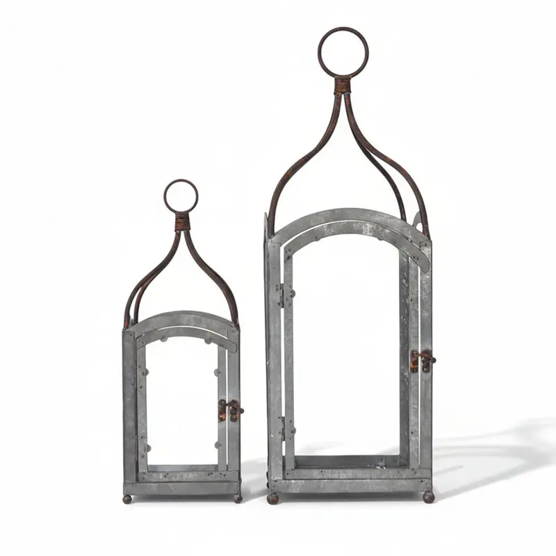 Ensemble 2 lanternes fer patiné gris 15x40cm