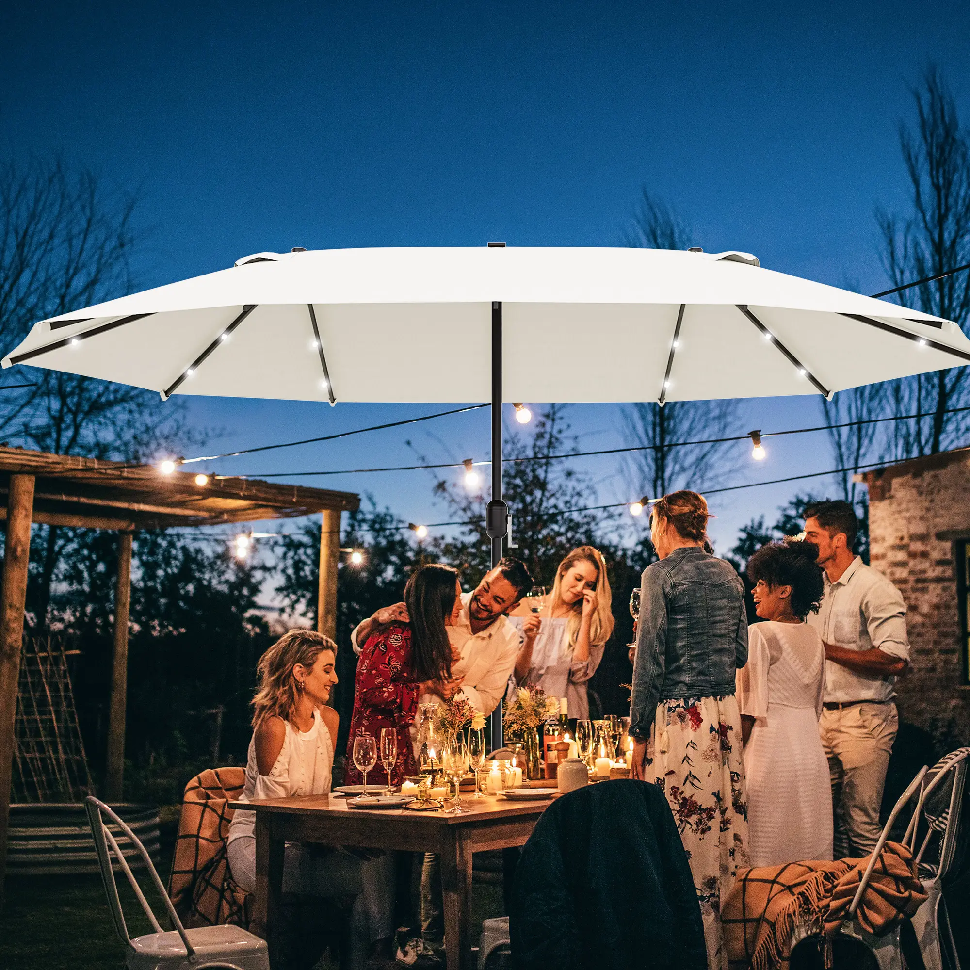 Parasol double acier jardin terrasse LED solaire manivelle 440×256 cm blanc crème – ComfortXL Outdoor Living