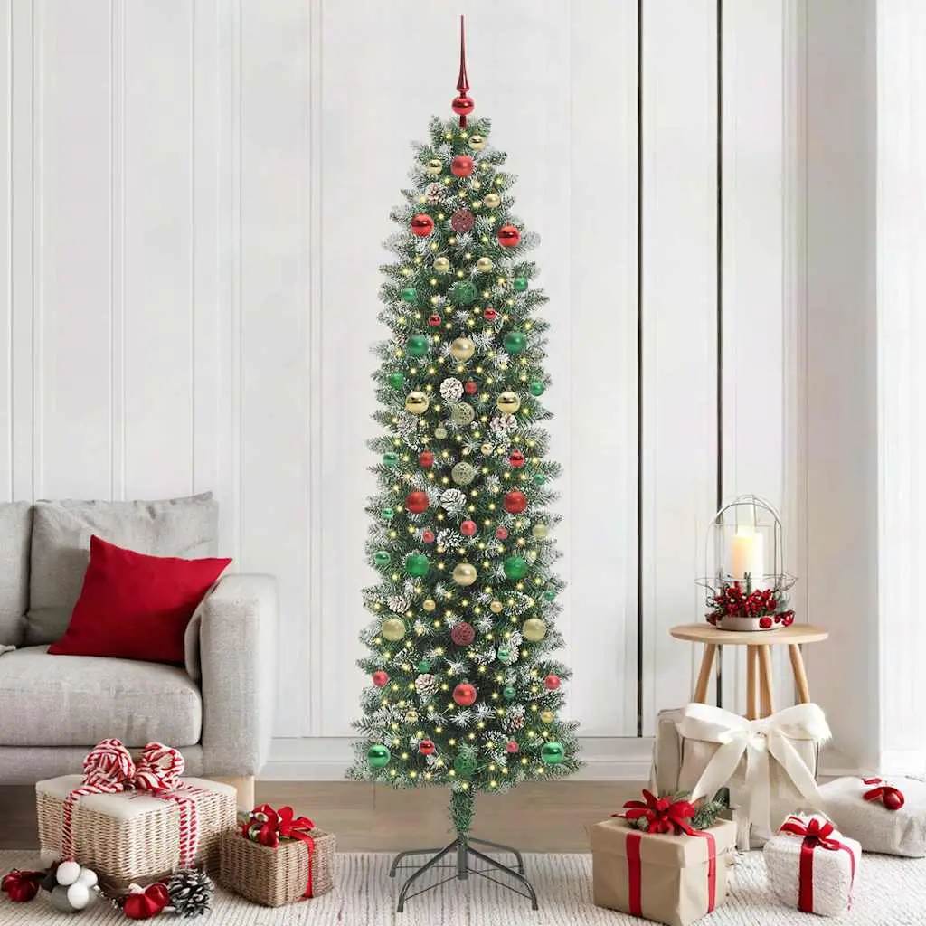 Élégant Sapin de Noël Fin 210 cm Effet Neige, 300 Lumières LED et Décorations – ComfortXL Outdoor Living