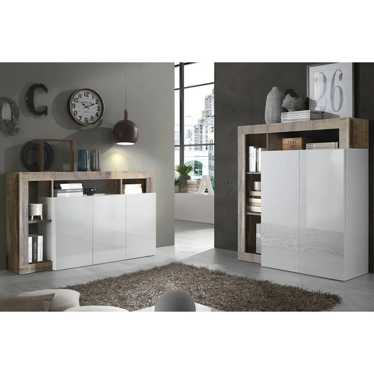 Ensemble Buffet 3P + Meuble Bar Blanc Laqué Niches Aspect Bois Antik – ARTURO