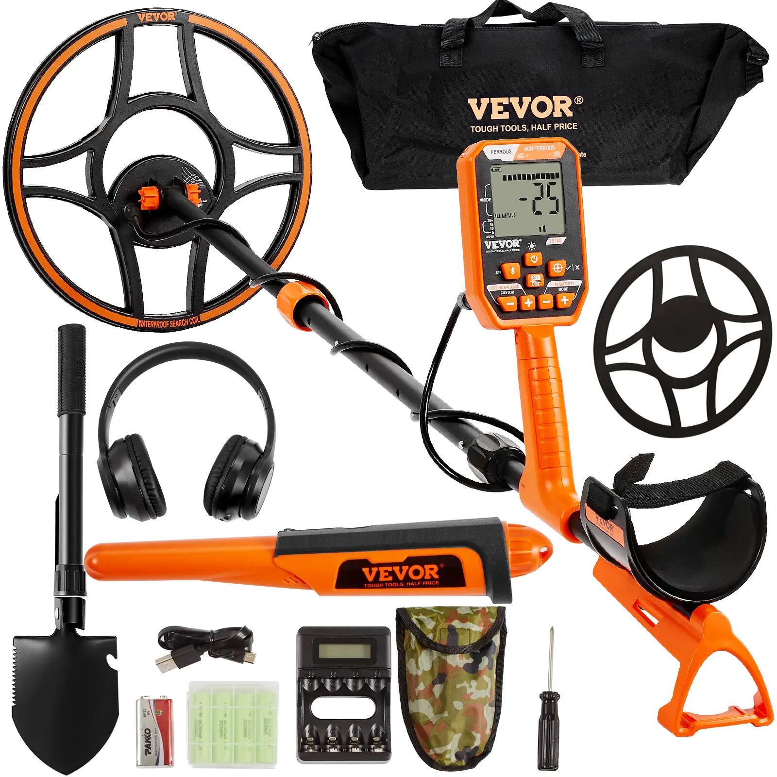 VEVOR Détecteur métaux pro bobine 30,5 cm, rechargeable, écran LCD IP68, 7 modes, écouteurs Bluetooth.