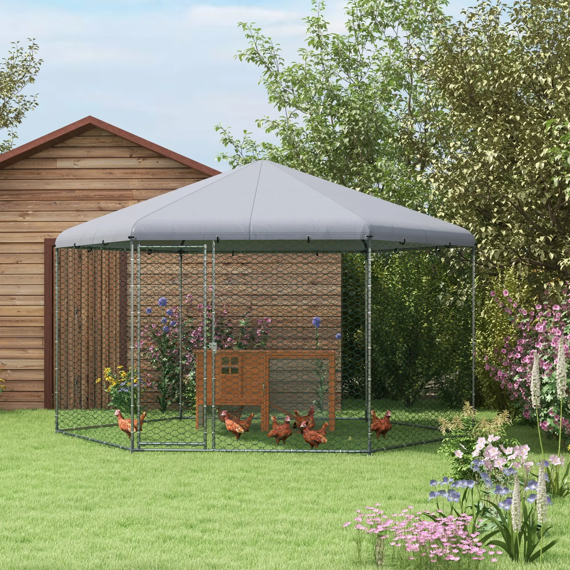 Enclos Poulailler Acier Galvanisé Extérieur 10-15 Poules Toit Bâche 10m² – ComfortXL Pet Living