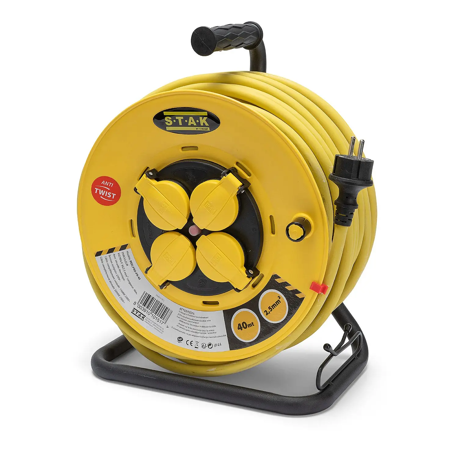 Enrouleur professionnel, 4 prises, H07RN-F3G2.5MM2, 40M , NF,CE – IP44. Tambour fixe – VELAMP – REELPRO-FR-40 VELAMP