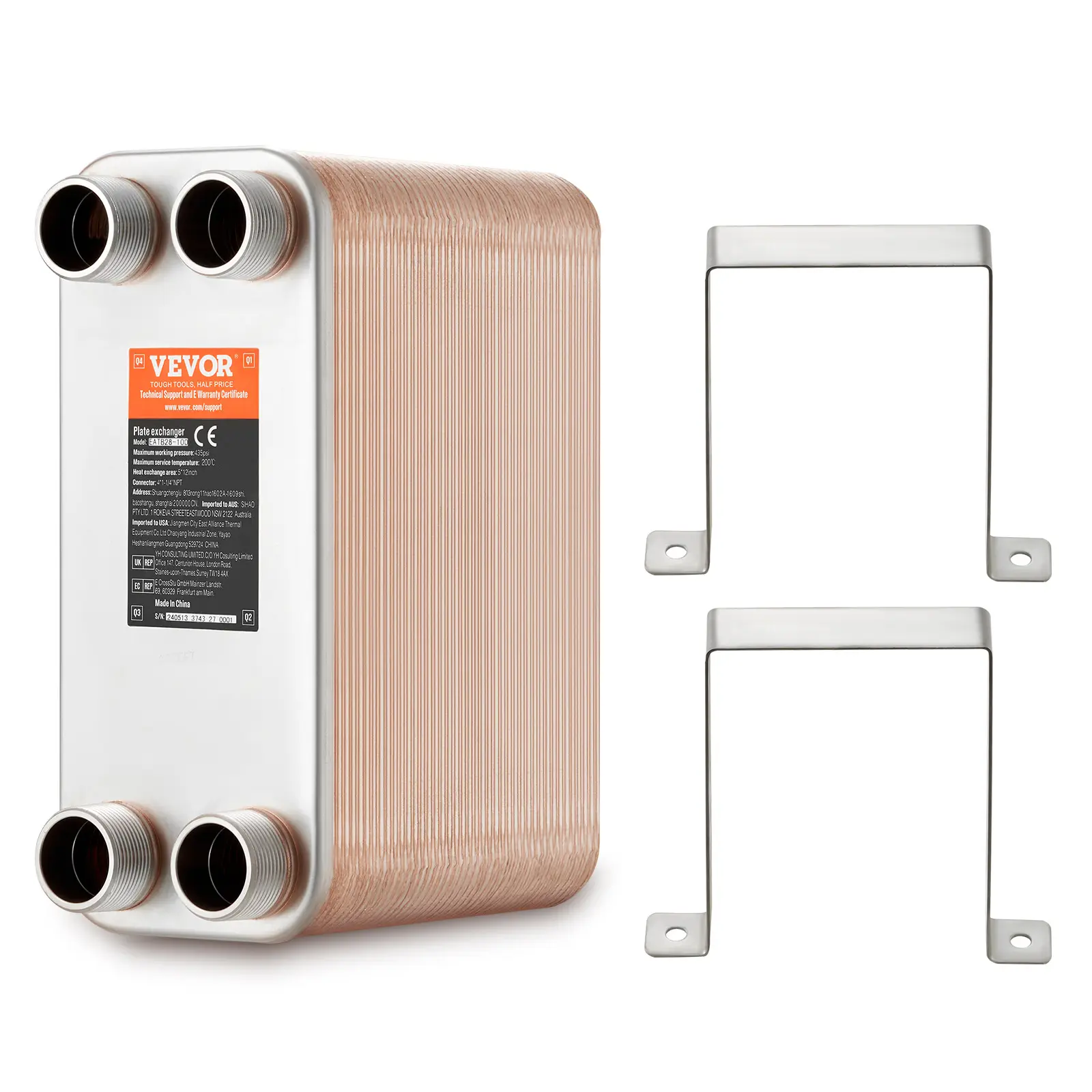 VEVOR Échangeur chaleur plaques brasées, 80 plaques, 127×305 mm. Cuivre/inox 316L, chauffage sol, eau.