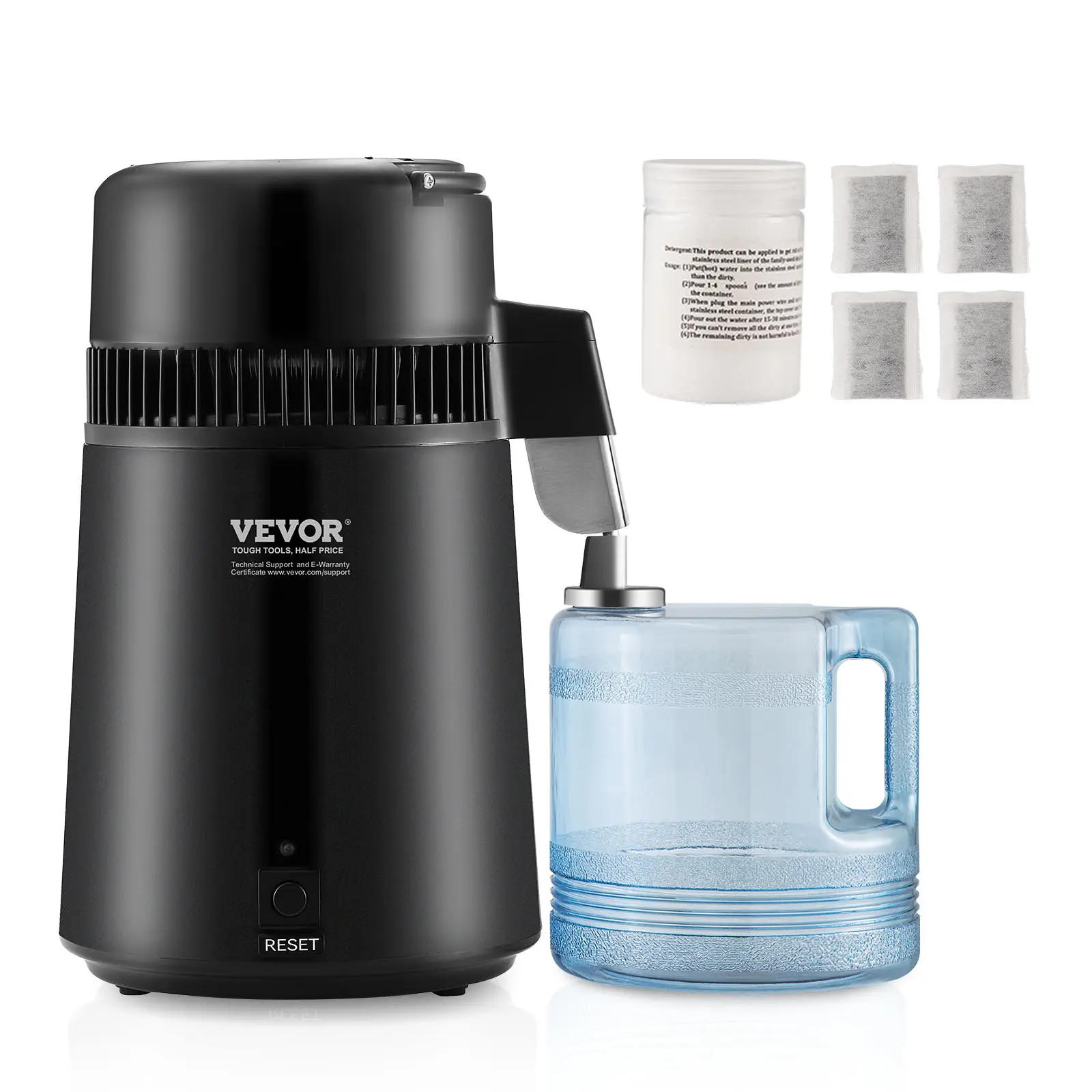 VEVOR Distillateur d’eau 4L inox, 1L/h 750W, récipient PBT, pour purification eau robinet maison/bureau.