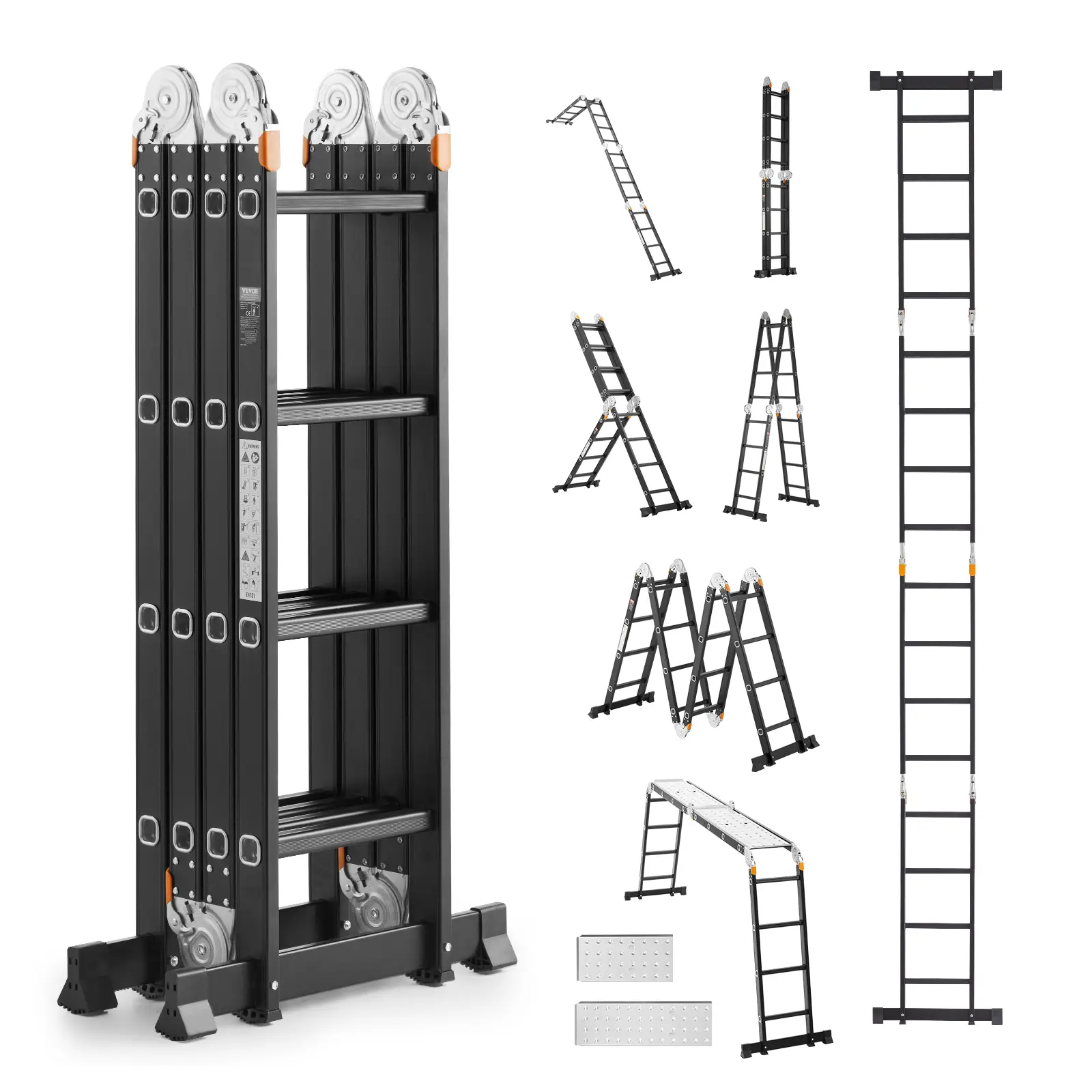 VEVOR Échelle pliante 7-en-1, hauteur portée 4,65 m. Planche échafaudage, charge 150 kg.